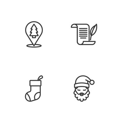 Noel Baba şapkası ve sakal, Noel çorabı, ağaç ve zarf simgesi. Vektör