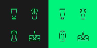 İnsan saç kökü, bir şişe şampuan, krem ya da losyon kozmetik tüpü ve makyaj fırçası. Vektör