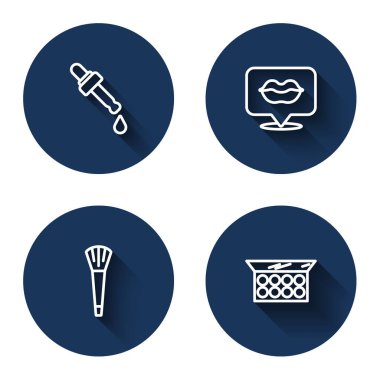 Pipette 'i yağlı, gülümseyen dudaklı, makyaj fırçalı ve uzun gölgeli toz aynalı sıraya dizin. Mavi daire düğmesi. Vektör