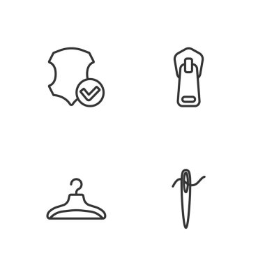 İğneyi iplik, elbise askısı, deri ve fermuar ikonu ile dikmek için ayarla. Vektör