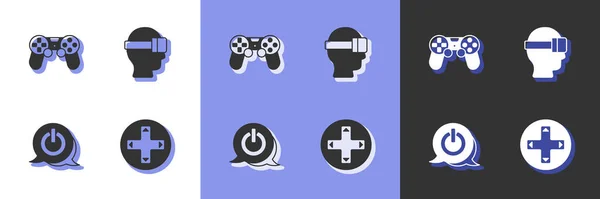 Ställ in Game controller eller joystick, Power-knappen och ikonen Virtual reality-glasögon. Vektor — Stock vektor