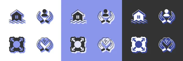 Sätt livförsäkring, husöversvämning, livboj och ikon. Vektor — Stock vektor