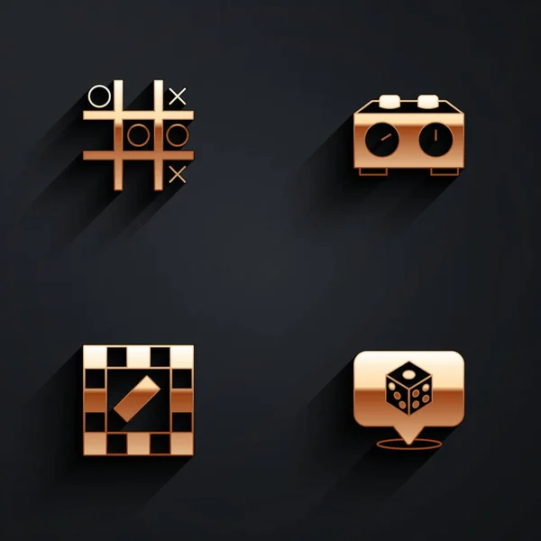 Set Tic tac toe game, Reloj de ajedrez de tiempo, tablero y el icono de dados de juego con sombra larga. Vector — Vector de stock
