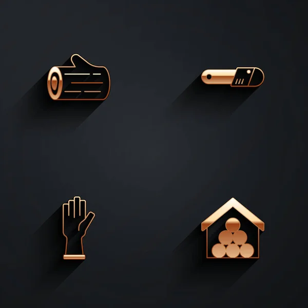 Set Dřevěný kmen, Řetězová pila, Ochranné rukavice a polena ikona s dlouhým stínem. Vektor — Stockový vektor