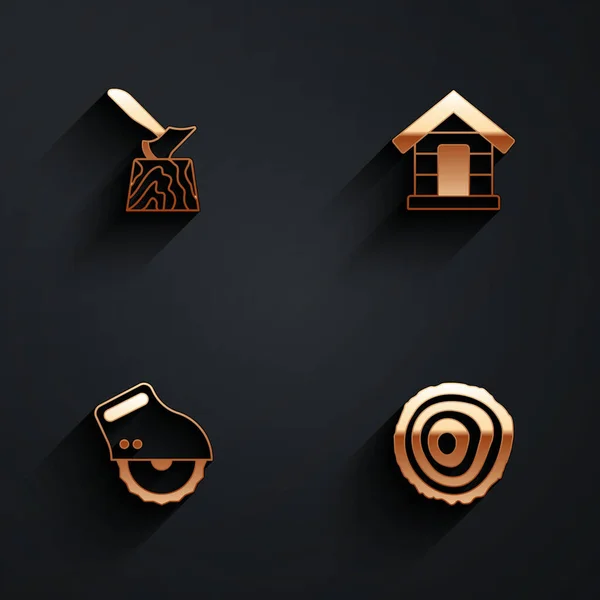 Set Wooden axe in stump, Dog house, Electric circular saw and Tree rings icon with long shadow. Vector — Stock Vector