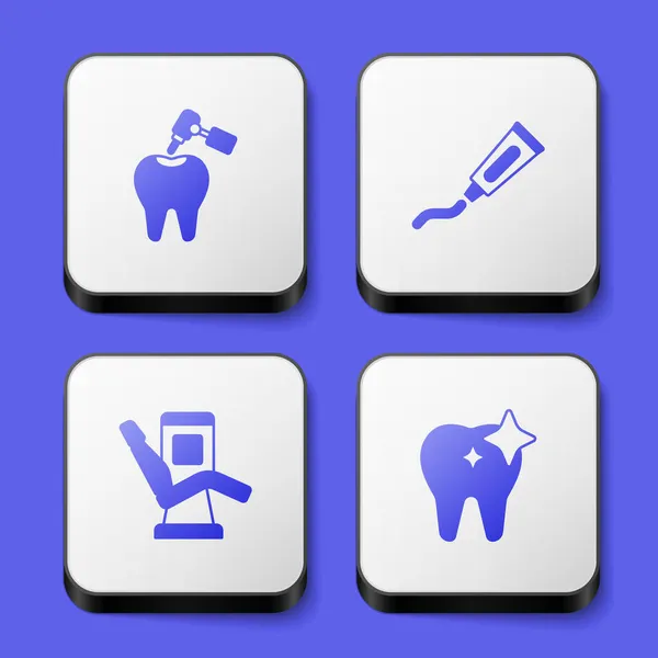 Set dente com cárie e broca, tubo de pasta de dentes, cadeira dental médica e ícone de clareamento. Botão quadrado branco. Vetor — Vetor de Stock