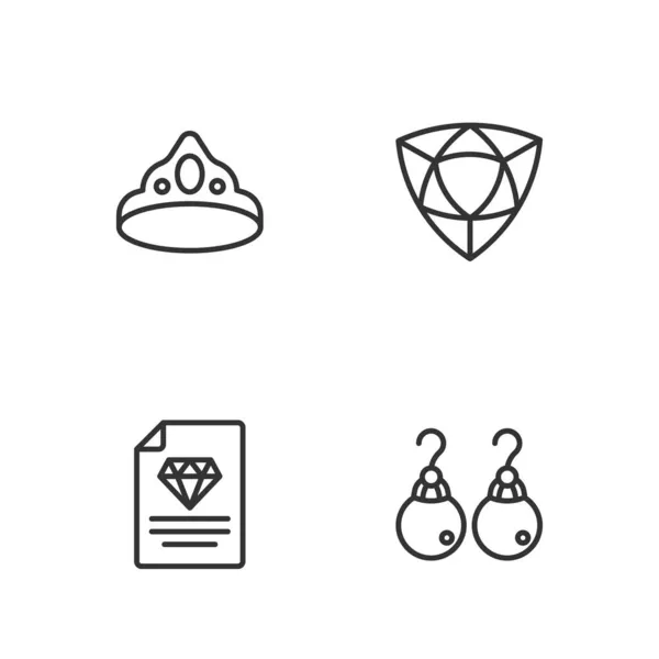 Establecer línea Pendientes, Certificado del diamante, King corona y el icono del diamante. Vector — Archivo Imágenes Vectoriales