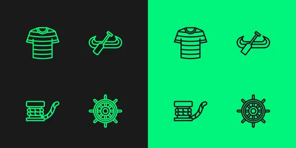 Встановіть лінію Суднове рульове колесо, морський болард з мотузкою, футболку зі смугастим матросом та піктограму Кейака та весло. Векторні — стоковий вектор