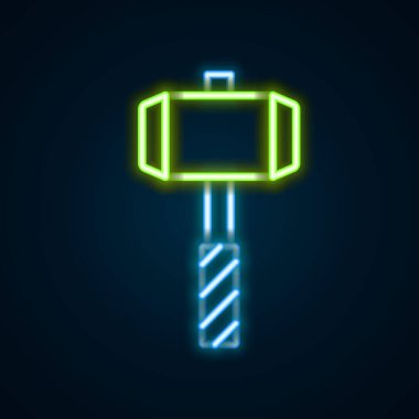 Parlayan neon hattı, siyah arka planda izole edilmiş Ortaçağ savaş çekici ikonu. Renkli taslak konsepti. Vektör