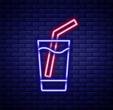 Duvarda izole edilmiş su ikonu olan parlak neon çizgili cam. Soda bardağı. Renkli taslak konsepti. Vektör