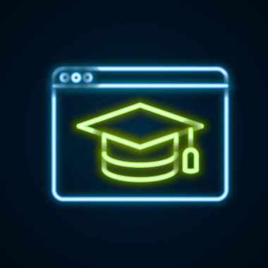 Parlayan neon hattı Online eğitim ve mezuniyet ikonu siyah arka planda izole edildi. İnternetteki öğretmen monitörde. Giyinme ve video semineri öğrenme. Renkli taslak konsepti. Vektör