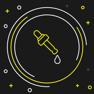 Petrol ikonlu Line Pipette siyah arka planda izole edilmiş. Organik aromaterapi özü. Cilt bakımı serumu cam bırakma paketi. Renkli taslak konsepti. Vektör