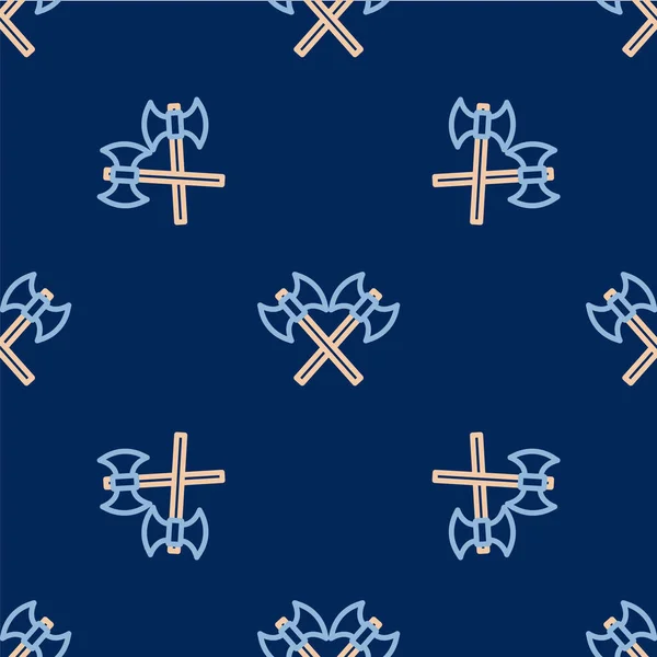 Line Crossed medieval axes icon isolated seamless pattern on blue background. Battle axe, executioner axe. Medieval weapon. Vector — Stock Vector