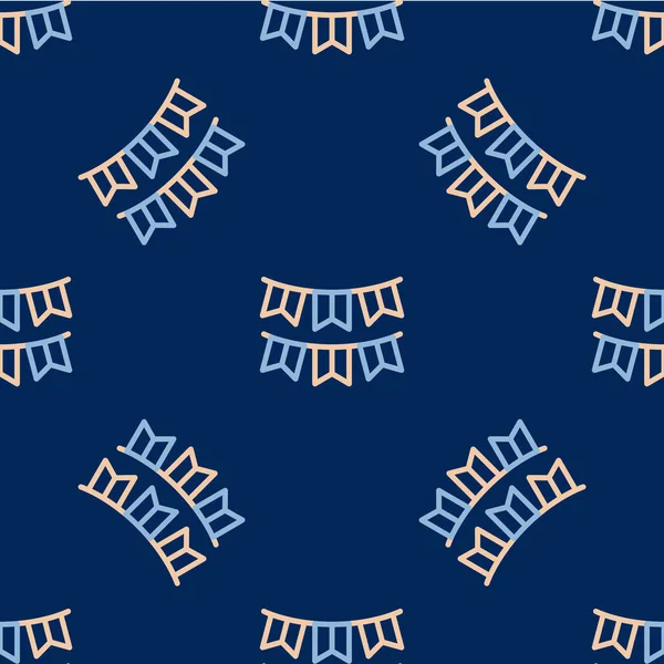 Line Karneval Girlande mit Flaggen Symbol isoliert nahtlose Muster auf blauem Hintergrund. Party-Wimpel für Geburtstagsfeier, Festdekoration. Vektor — Stockvektor
