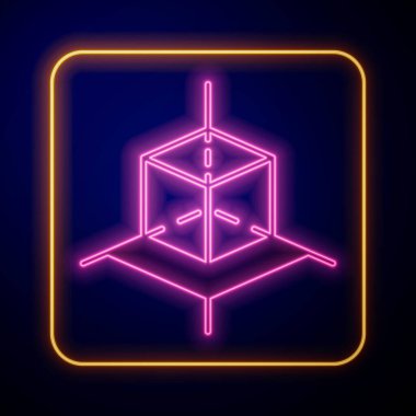 Siyah arkaplanda parlayan neon 3D modelleme simgesi izole edildi. Artırılmış gerçeklik mi yoksa sanal gerçeklik mi? Vektör