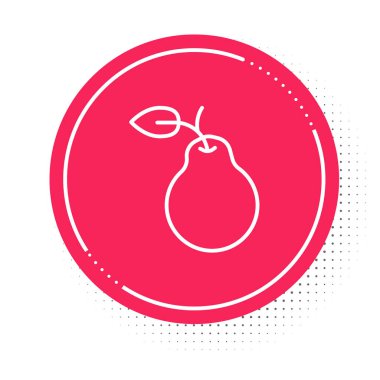 Beyaz çizgi Pear simgesi beyaz arkaplanda izole edildi. Yaprak sembollü meyve. Kırmızı daire düğmesi. Vektör