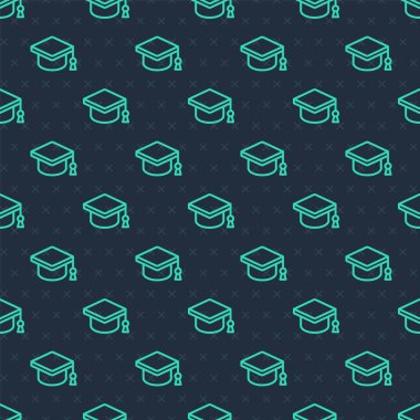 Yeşil çizgi mezuniyet simgesi mavi arka planda izole edilmiş pürüzsüz desen. Tassel ikonlu mezuniyet şapkası. Vektör