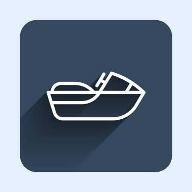 Beyaz çizgi Jet ski simgesi uzun gölge arkaplanı ile izole edildi. Su motoru. Olağanüstü bir spor. Mavi kare düğme. Vektör