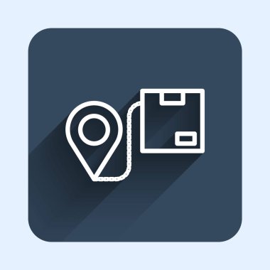 Karton kutu simgesine sahip beyaz çizgi konumu uzun gölge arkaplanı ile izole edilmiş. Teslimat hizmetleri, lojistik ve ulaşım, dağıtım. Mavi kare düğme. Vektör