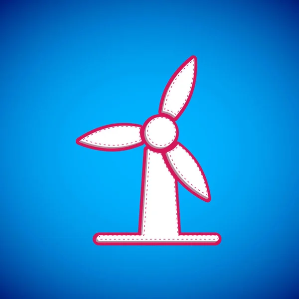 화이트 윈드 터빈 아이콘은 파란 배경에 분리되어 있습니다. 풍력 발전기 신호. 전력 생산을 위한 풍차. Vector — 스톡 벡터