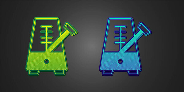 Green and blue Classic Metronome with pendulum in motion icon isolated on black background. Equipment of music and beat mechanism. Vector