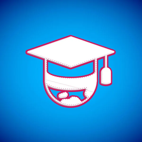 Witte Graduation cap op globe pictogram geïsoleerd op blauwe achtergrond. Wereld onderwijs symbool. Online leren of e-learning concept. Vector — Stockvector