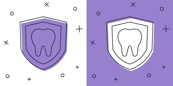 Встановити піктограму стоматологічного захисту ізольовано на білому та фіолетовому тлі. Зуб на логотипі щита. Векторні — стоковий вектор
