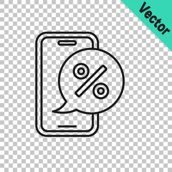 Schwarze Linie Prozentsatz Rabatt auf Handy-Symbol isoliert auf transparentem Hintergrund. Prozentsatz - Preisschild, Etikett. Vektor — Stockvektor