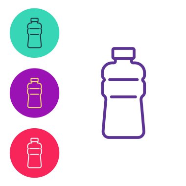 Beyaz arkaplanda izole edilmiş bir şişe su ikonu hattı oluştur. Soda su içme tabelası. Simgeleri renklendirin. Vektör