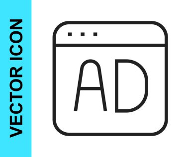 Beyaz arkaplanda siyah çizgi reklam simgesi izole edildi. Pazarlama ve tanıtım süreci kavramı. İlgili reklamlar. Sosyal medya reklamcılığı. Vektör