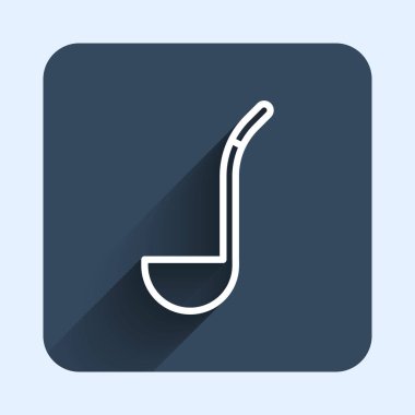 Beyaz çizgi Mutfak Kepçesi simgesi uzun gölge arkaplanı ile izole edilmiş. Mutfak aletleri. Çatal kaşık tabelası. Mavi kare düğme. Vektör