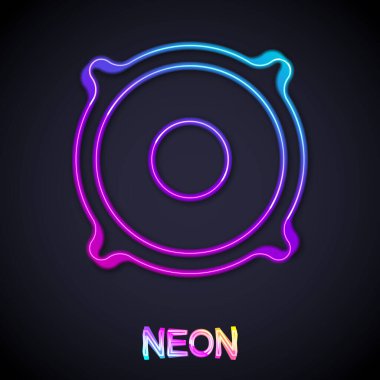 Parlayan neon hattı Stereo hoparlör simgesi siyah arkaplanda izole edildi. Ses sistemi hoparlörleri. Müzik ikonu. Müzikal sütun hoparlörü. Vektör