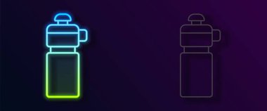 Parlayan neon hattı fitness karıştırıcı simgesi siyah arkaplanda izole edildi. Su ve protein kokteylleri için kapaklı spor karıştırıcı şişesi. Vektör