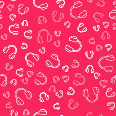 Beyaz çizgi kulaklık simgesi kırmızı arkaplanda izole edilmiş kusursuz desen. Kulaklıklar. Müzik, hizmet, iletişim ve operatör konsepti. Vektör