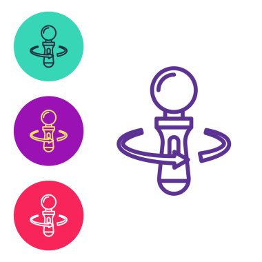 Beyaz arkaplanda izole edilmiş VR denetleyici oyun simgesini ayarla. Sanal gerçeklik deneyimi, mevcudiyet hissi, konum takip teknolojisi cihazı. Simgeleri renklendirin. Vektör