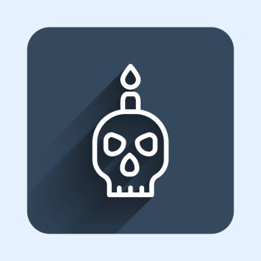 Beyaz çizgi, uzun gölge arkaplan izole edilmiş bir kafatası ikonu üzerinde yanan mum. Ölüm günü. Mavi kare düğme. Vektör