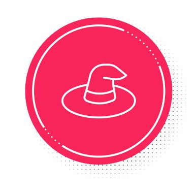 Beyaz çizgi cadı şapkası simgesi beyaz arkaplanda izole edildi. Mutlu Cadılar Bayramı Partisi. Kırmızı daire düğmesi. Vektör