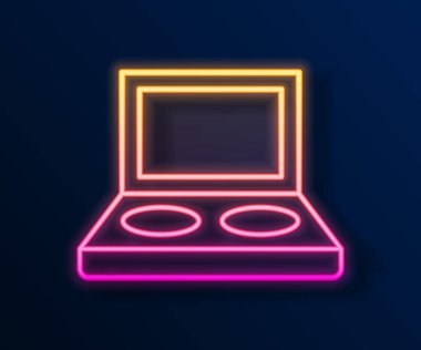 Parlayan neon çizgisi, siyah arkaplanda izole edilmiş fırça ikonu olan göz gölgesi paleti. Vektör