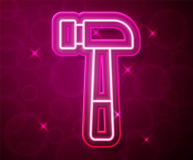 Parlayan neon hattı Çekiç simgesi kırmızı arkaplanda izole edildi. Tamir için bir araç. Vektör