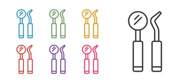 Çizgi Denetleme aynası ve sonda simgesini beyaz arkaplanda izole et. Kaşif pulluğu. Diş muayenesi. Simgeleri renklendirin. Vektör