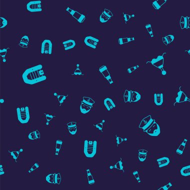 Şişme botu motorlu, yüzen şamandıralı, Spyglass teleskop lensli ve gemi kaptanını kusursuz desenli ayarla. Vektör