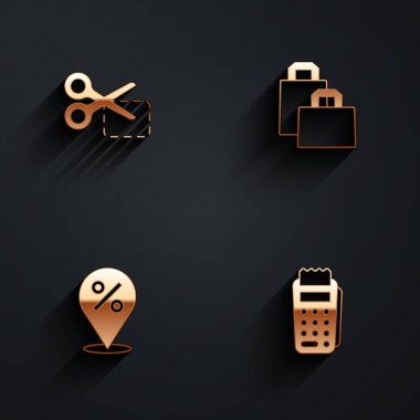 Makas ayarla indirim kuponunu kes, kağıt alışveriş torbası, yüzde ile konum ve uzun gölgeli POS terminal simgesi. Vektör