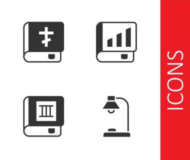 Masa lambası, kutsal kitap, kitap ve mali ikon. Vektör