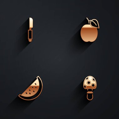 Set Bıçağı, erik meyvesi, karpuz ve uzun gölgeli Fly agaric mantar ikonu. Vektör