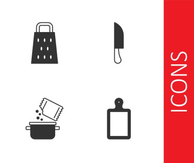 Kesme tahtası, Grater, Tencere, Baharat ve Bıçak ikonu. Vektör