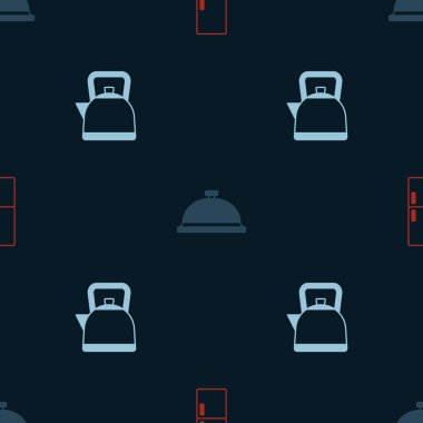 Buzdolabını ayarlayın, tepsi dolusu yiyecek ve su ısıtıcısı ile kaplayın. Vektör