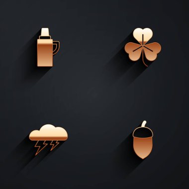 Termos kabını, Clover 'ı, Bulut' u, yıldırımı ve uzun gölgeli meşe palamudunu ayarlayın. Vektör