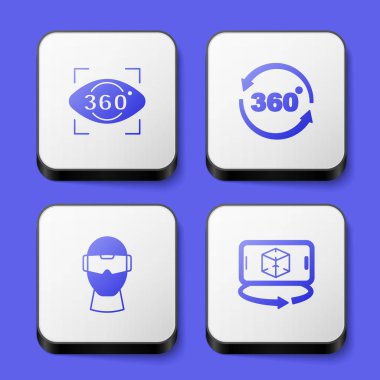 360 derecelik görüş, sanal gerçeklik gözlükleri ve 3 boyutlu modelleme simgesini ayarlayın. Beyaz kare düğme. Vektör