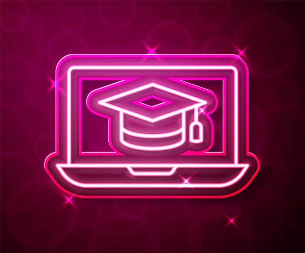 Glowing neon line Graduation cap on screen laptop icon isolated on red background. Online learning or e-learning concept. Vector — Stock Vector