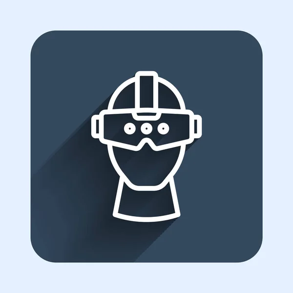 Línea blanca Icono de gafas de realidad virtual aislado con fondo de sombra largo. Máscara estereoscópica 3d vr. Pantalla de montaje en cabeza óptica. Botón cuadrado azul. Vector — Vector de stock